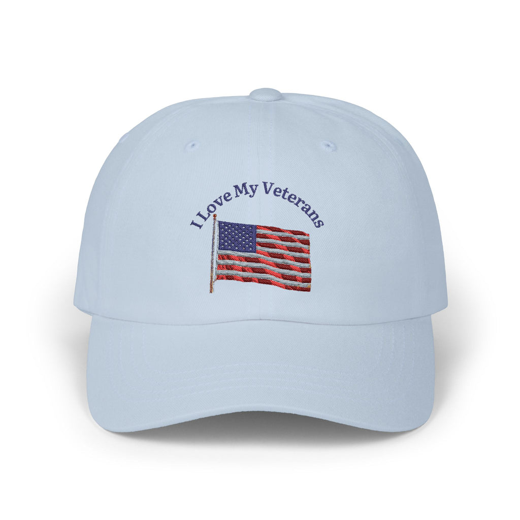 Patriotic "I Love My Veterans" Dad Cap — Embroidered American Flag Hat_blk print