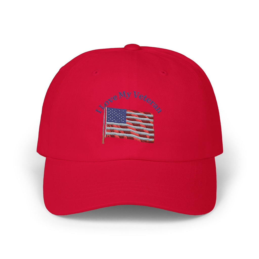 Patriotic "I Love My Veteran" Dad Cap — Embroidered American Flag Hat_blk print