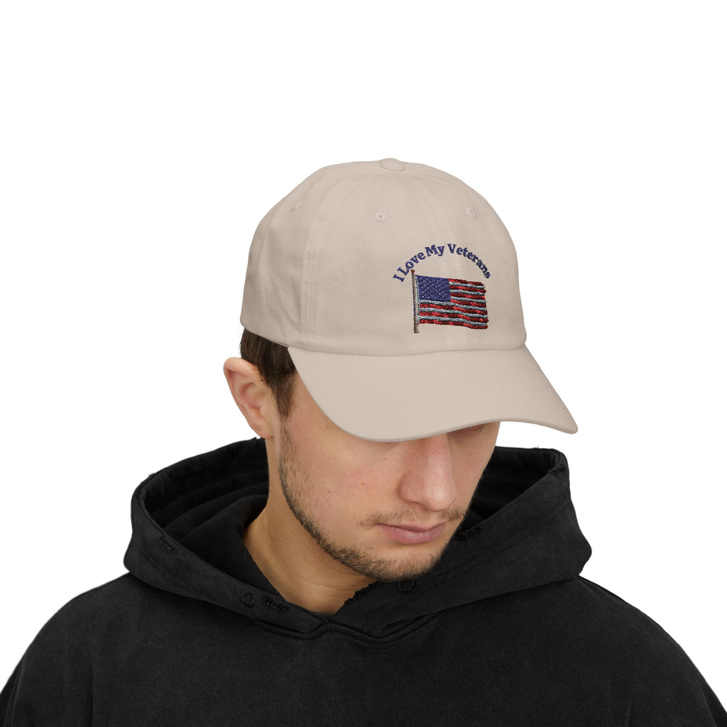 Patriotic "I Love My Veterans" Dad Cap — Embroidered American Flag Hat_blk print