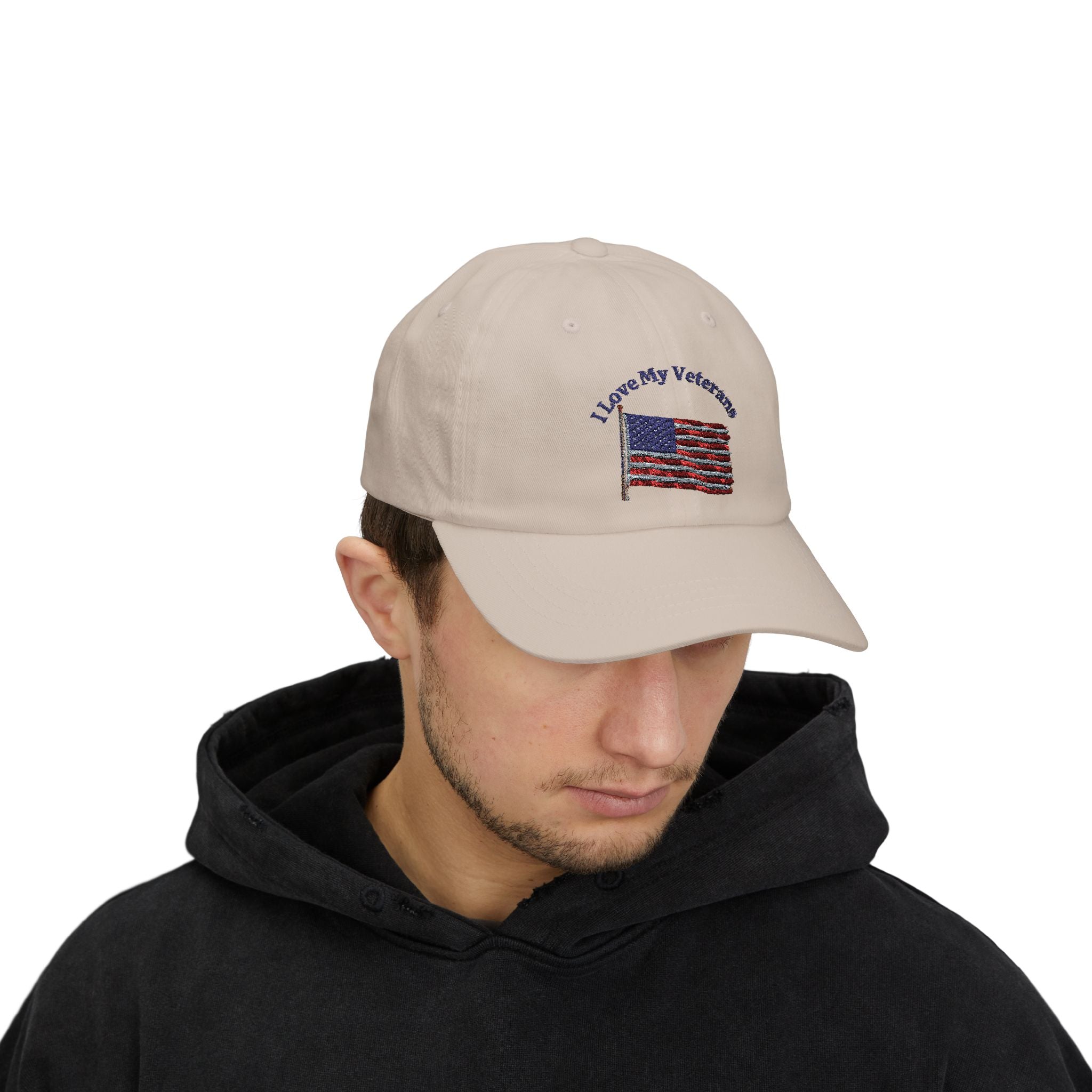 Patriotic "I Love My Veterans" Dad Cap — Embroidered American Flag Hat_blk print