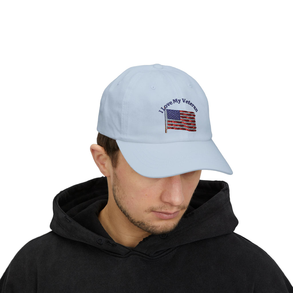Patriotic "I Love My Veteran" Dad Cap — Embroidered American Flag Hat_blk print