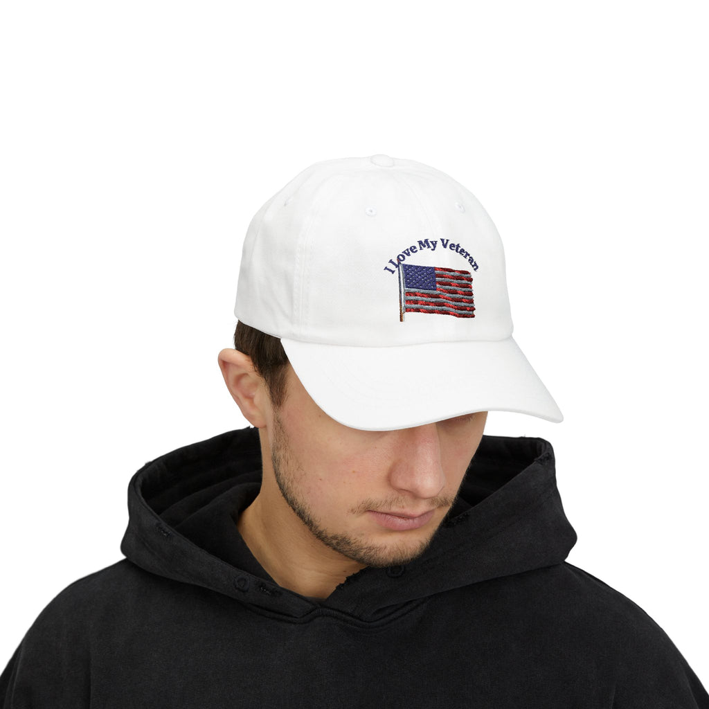 Patriotic "I Love My Veteran" Dad Cap — Embroidered American Flag Hat_blk print
