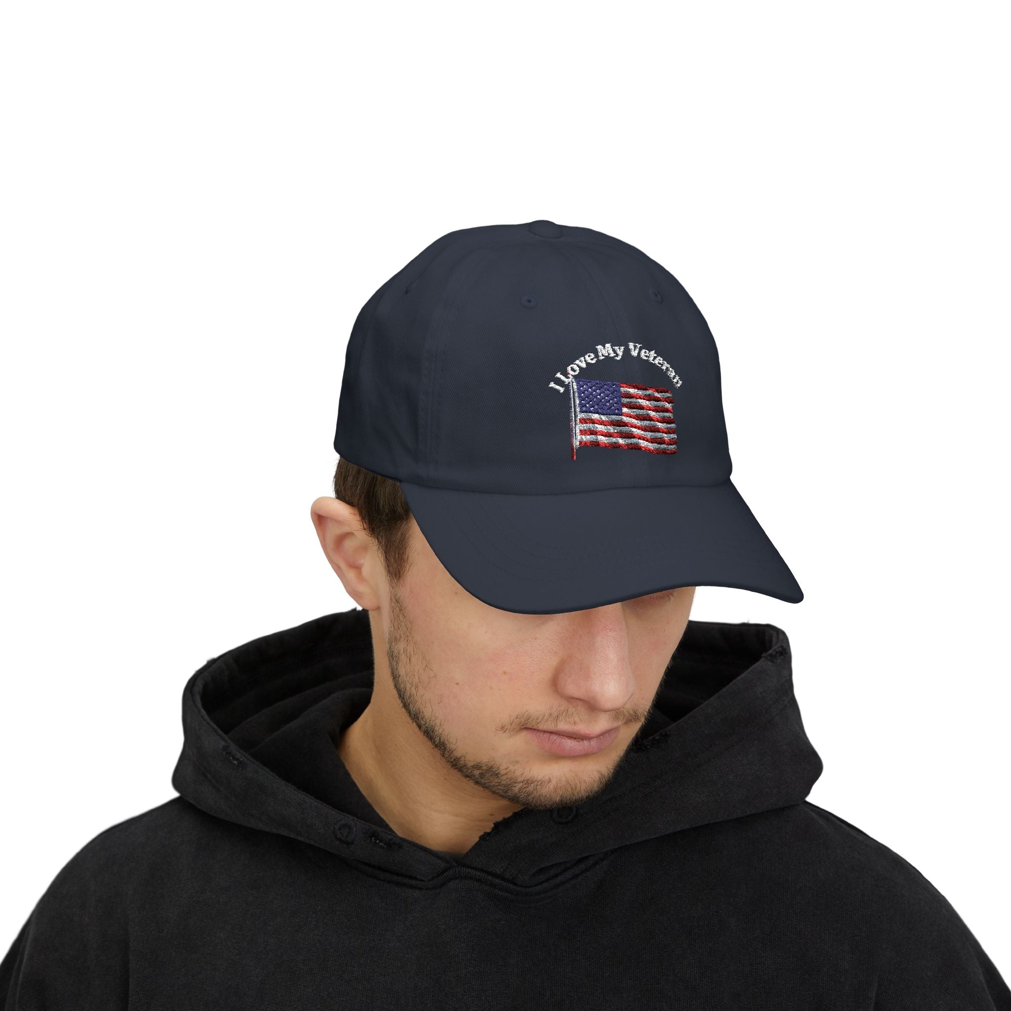 Patriotic "I Love My Veteran" Dad Cap — Embroidered American Flag Hat