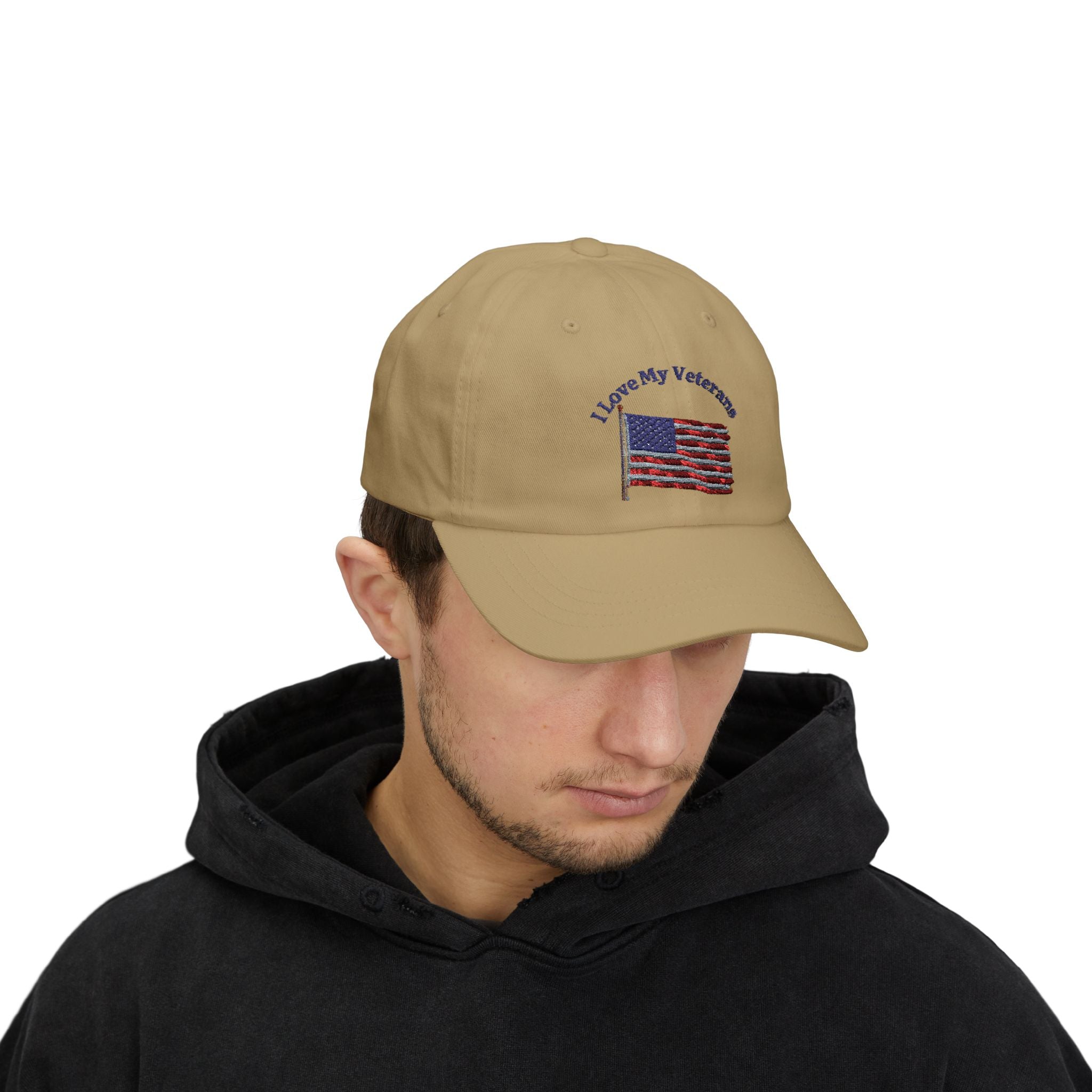 Patriotic "I Love My Veterans" Dad Cap — Embroidered American Flag Hat_blk print