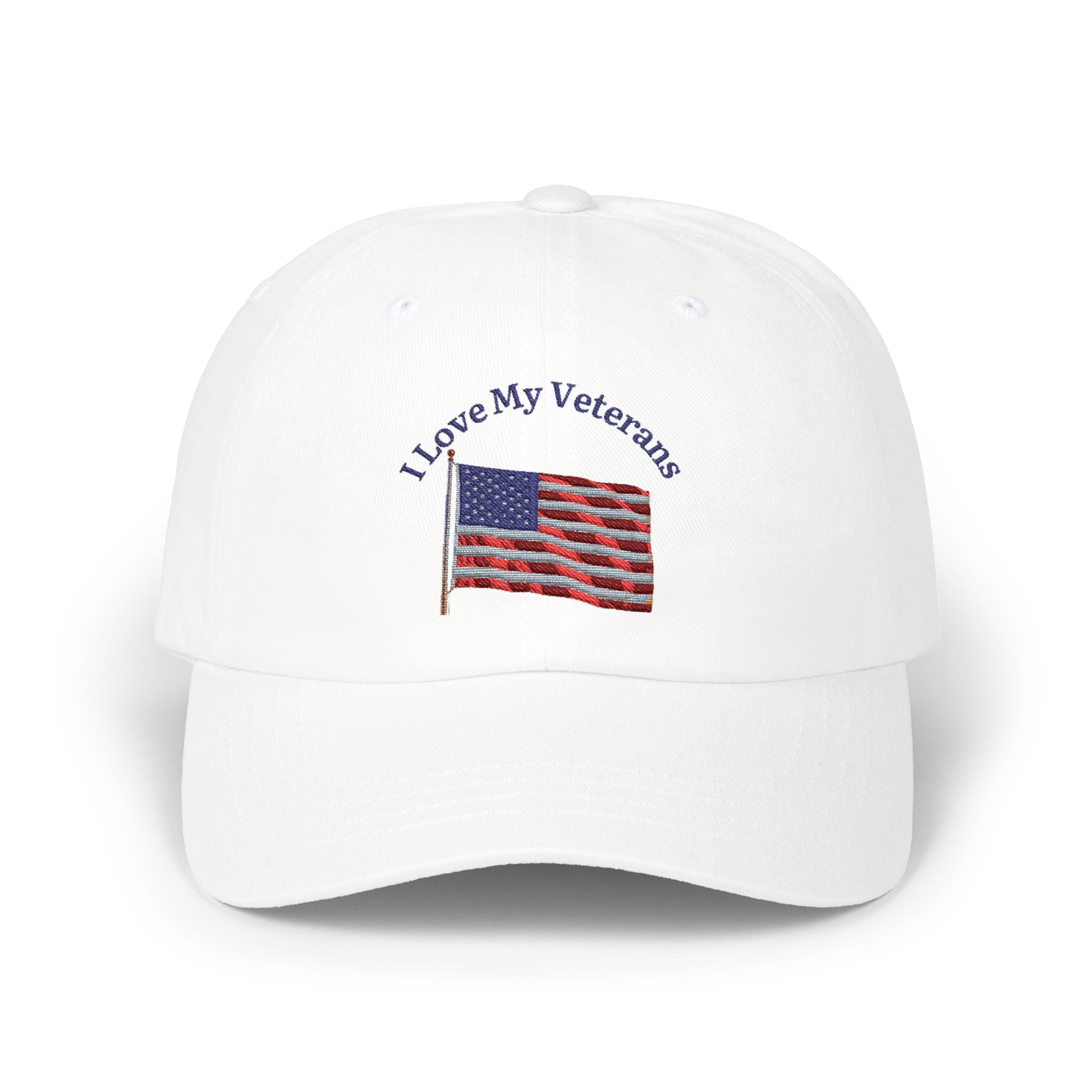 Patriotic "I Love My Veterans" Dad Cap — Embroidered American Flag Hat_blk print