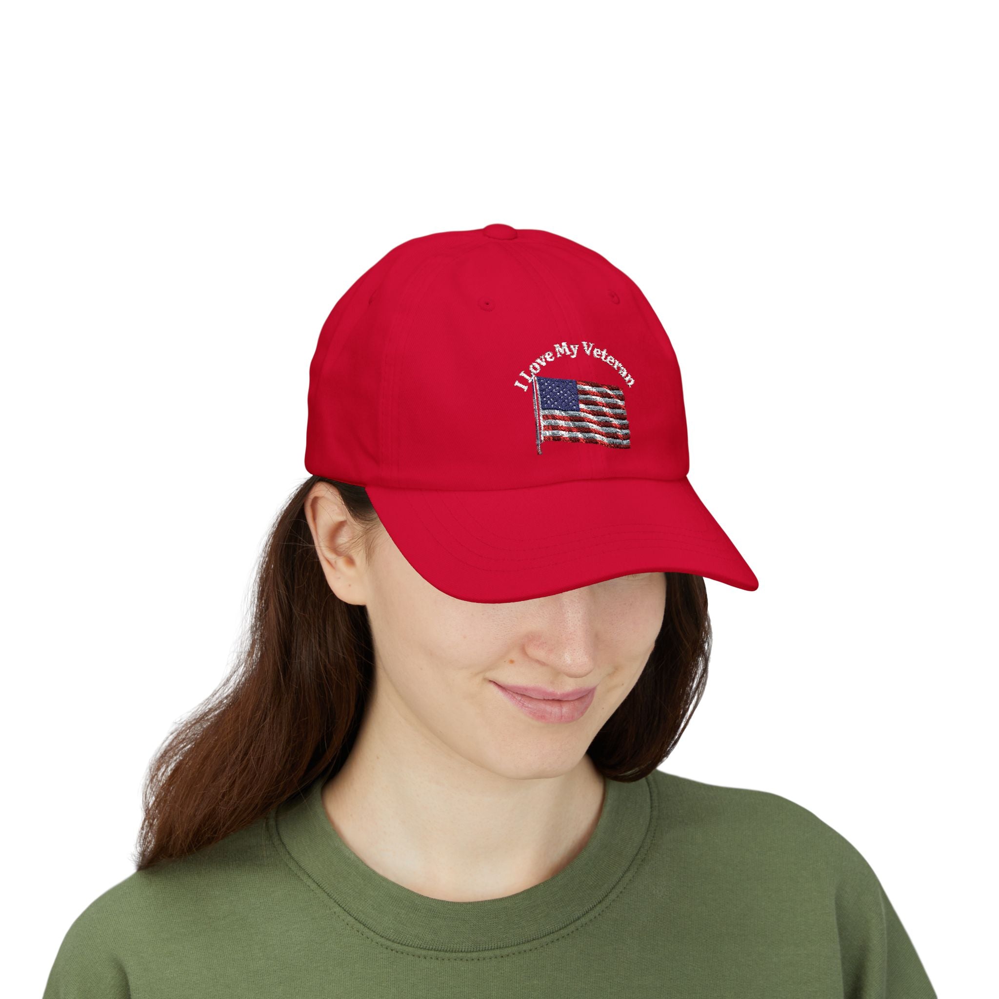 Patriotic "I Love My Veteran" Dad Cap — Embroidered American Flag Hat