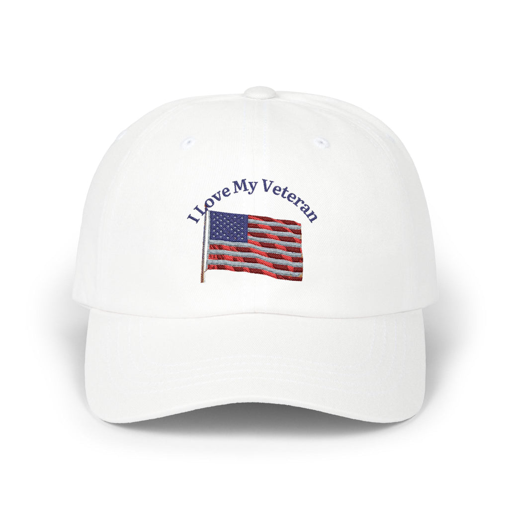 Patriotic "I Love My Veteran" Dad Cap — Embroidered American Flag Hat_blk print
