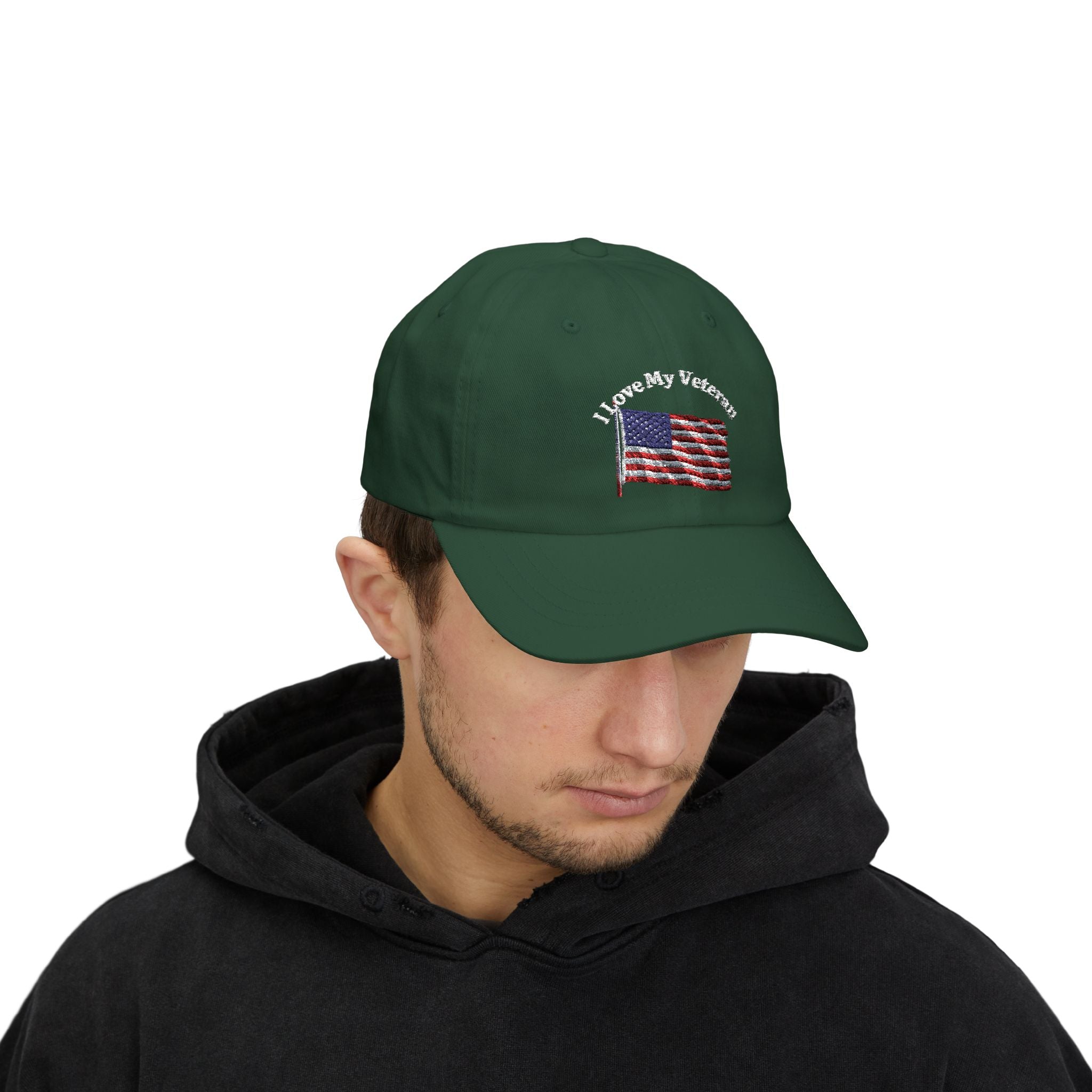 Patriotic "I Love My Veteran" Dad Cap — Embroidered American Flag Hat