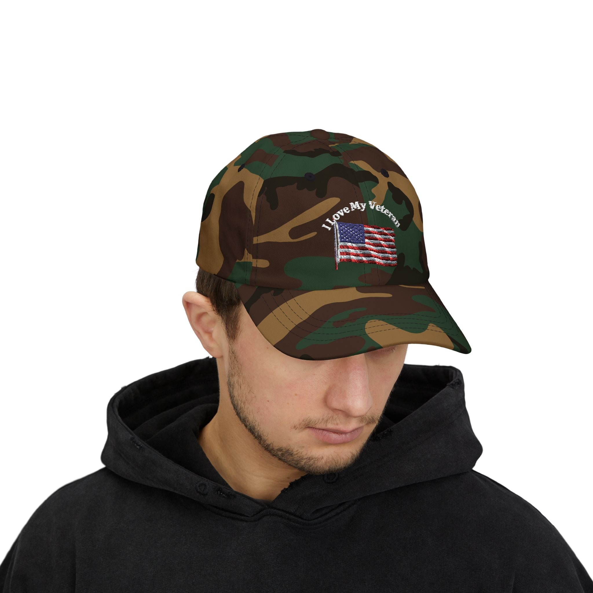 Patriotic "I Love My Veteran" Dad Cap — Embroidered American Flag Hat