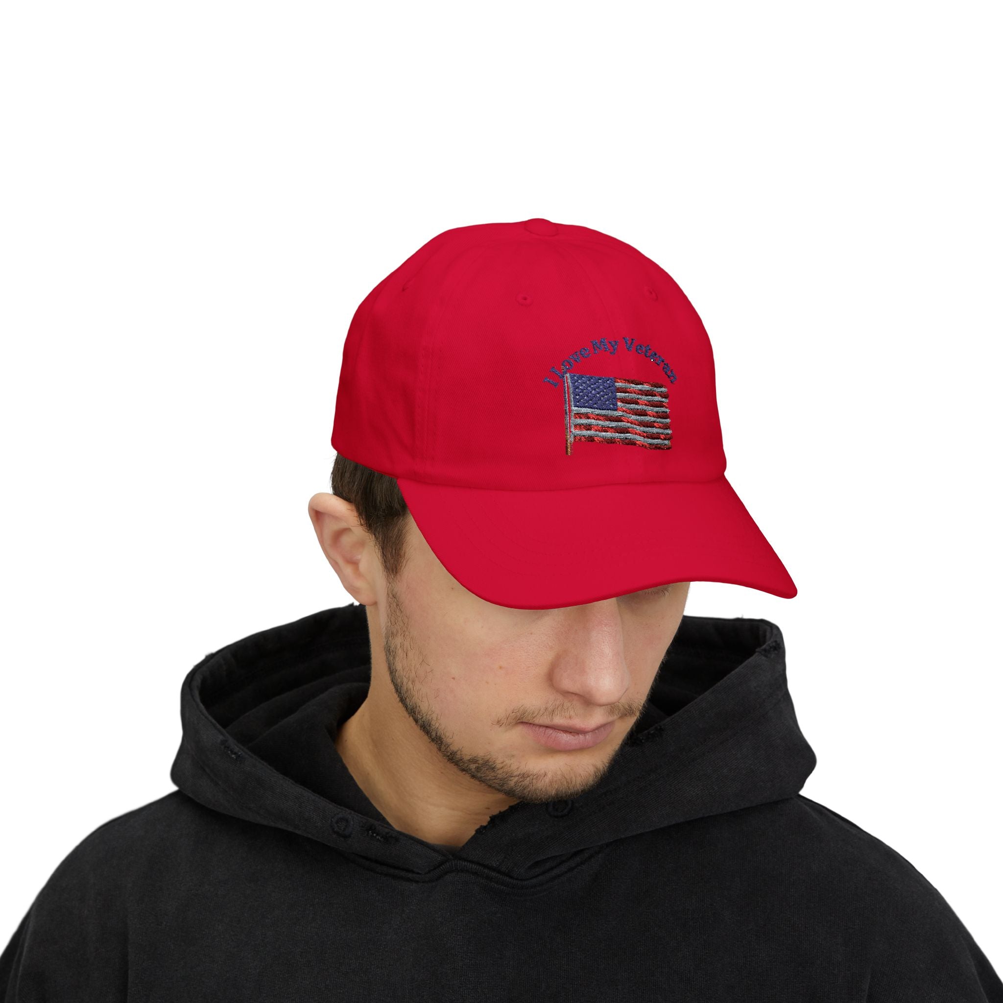 Patriotic "I Love My Veteran" Dad Cap — Embroidered American Flag Hat_blk print